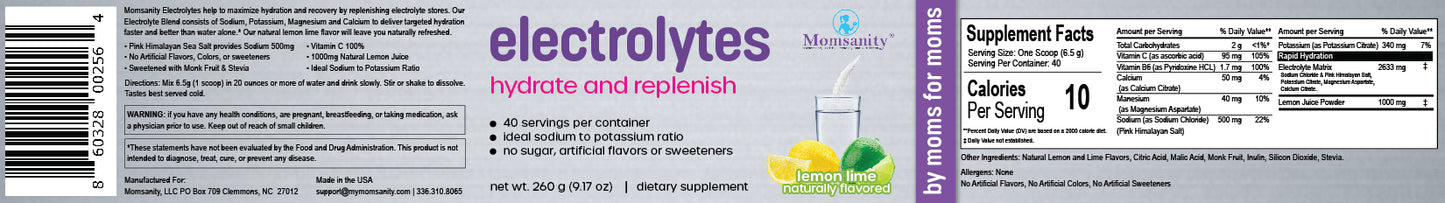 Product Label for Momsanity Lemon-Lime Electrolyte Powdered Drink Mix