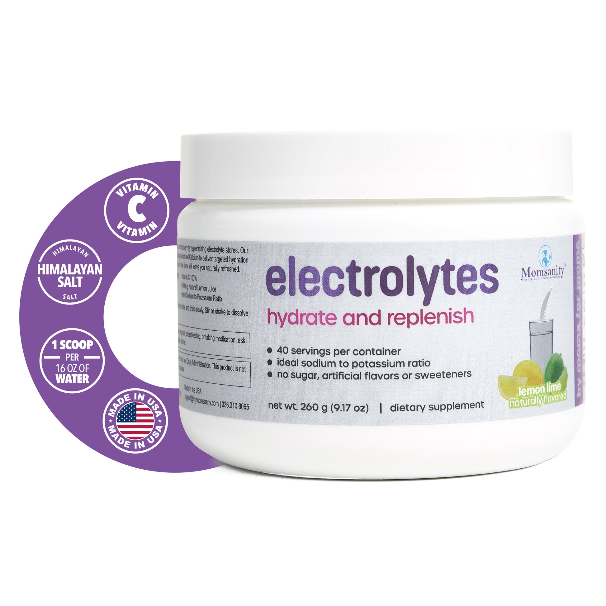 Momsanity Lemon Lime Electrolytes Benefits: Vitamin C, Himalayan Salt, 1 scoop per 16 oz of Water, Made in USA