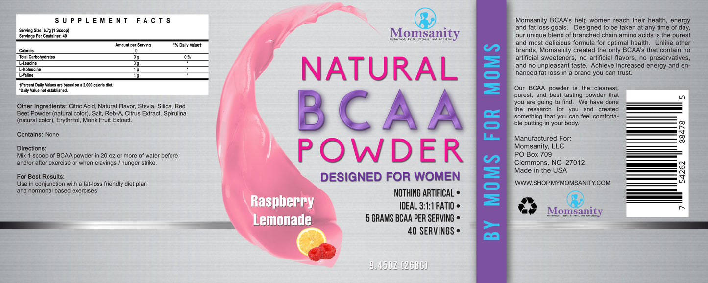 Natural BCAA Powder- Raspberry Lemonade- Naturally Sweetened, Colored and Flavored